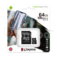 Карта памяти MicroSDXC 64GB Class 10 Kingston Canvas Select Plus A1 100MB/s + SD адаптер купить по цене производителя Москва | Moba