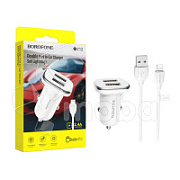 Автомобильное зарядное устройство USB Borofone BZ12 (12W, 2USB, кабель Lightning) Белый
