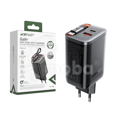 Сетевое зарядное устройство USB/Type-C Acefast A111 (67W, QC3.0, PD, 2 порта, GaN, выдвижной кабель Type-C) Черный