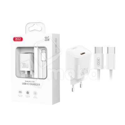 Сетевое зарядное устройство Type-C XO L148 (30W, PD, кабель Type-C-Type-C) Белый