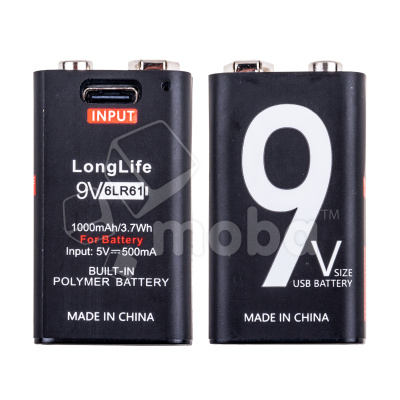 Батарейка 9V КРОНА 1-BL, 335 mAh, перезаряжаемая от кабеля USB-Type-C, цена за 1 штуку